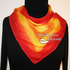 Red, Orange, Yellow Hand Painted Silk Bandanna DESERT MORNING. Size 22x22 square. Silk Scarves Colorado. Elegant Silk Gift.  