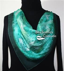 Green, Sage Green, Teal, Olive Hand Painted Silk Bandanna Scarf GREEN FIELDS. Size 22x22 square. Silk Scarves Colorado. Elegant Silk Gift.   