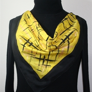 Yellow, Black Hand Painted Silk Bandanna Scarf GOLDEN SERENITY-2. Size 22x22 square. Silk Scarves Colorado. Elegant Silk Gift.   