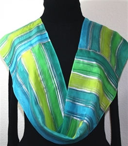 Green, Teal, Lime Hand Painted Silk Scarf IRISH MORNING. Size 8x54. Silk Scarves Colorado. Elegant Silk Gift 