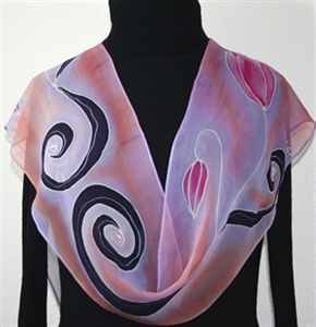 Lavender, Pink, Coral Hand Painted Silk Scarf TULIP DANCE. Size 11x60". Silk Scarves Colorado. Elegant Silk Gift 