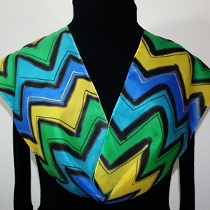 Teal, Blue, Yellow Hand Painted Silk Scarf Summer Chevron. Size 8x54. Silk Scarves Colorado. Bridesmaid Gift.
