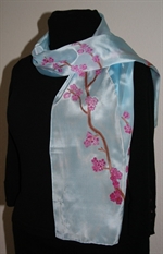 Light Blue Silk Scarf  with Japanese Landscape with Cherry Blossoms