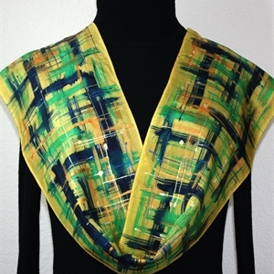 Yellow, Navy Blue, Green Hand Painted Silk Scarf City Spring. Size 8x54. Silk Scarves Colorado. Elegant Silk Scarf.