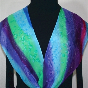 Green, Teal, Purple Hand Painted Silk Scarf Lavender Valley. Size 8x54. Silk Scarves Colorado. Birthday Gift. Gift Wrapped.