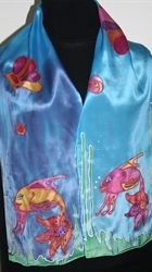 Blue Silk Scarf with Two Fish and Shells  	 