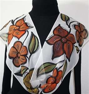 Brown, White Hand Painted Silk Scarf Autumn Flowers. Size 8x54. Silk Scarves Colorado. Birthday Gift. Gift Wrapped.