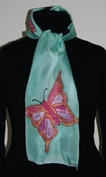 Turquoise Silk Scarf with Flowers and Butterfly  