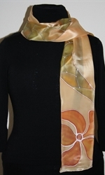 Golden Silk Scarf with Copper Flowers and Long Leaves  