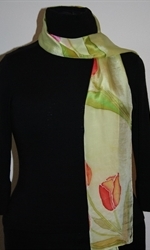 Light Green Silk Scarf with Tulips  