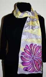 Pale Yellow and Pale Lilac Silk Scarf with Ornamental Flowers  