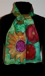 Green Silk Scarf with a Sunflower and Other Flowers - photo 1