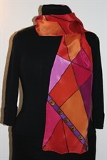 Silk Scarf with Triangles in Hues of Red, Orange and Fuchsia