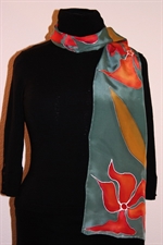 Dark Olive Silk scarf with Flowers and Leaves