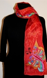 Bright Red Silk Scarf with a Multicolored Geometric Flower and a Butterfly - photo 2