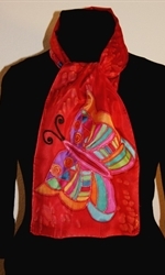 Bright Red Silk Scarf with a Multicolored Geometric Flower and a Butterfly - photo 3