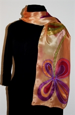 Golden Silk Scarf with Two Big Stylized Flowers