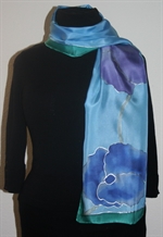 Sky-Blue Silk scarf with Flowers in Hues of Blue, Green and Purple
