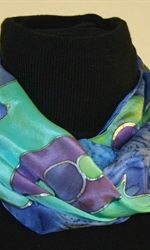 Royal Blue Silk Scarf with Big Stylized Figures in Hues of Green and Blue - photo 1  	 