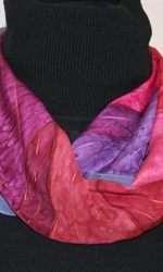 Blue Silk Scarf with Oval Figures in Hues of Red, Purple and Orange - photo 1