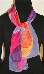 Blue Silk Scarf with Oval Figures in Hues of Red, Purple and Orange - photo 2
