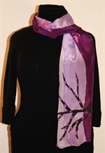 Landscape Purple Silk Scarf with Trees and Flying Flowers