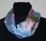 Light Blue Silk Scarf with Pink Water Lilies