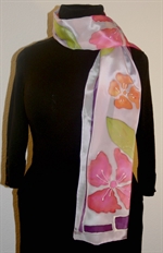 Pale Lilac Silk Scarf with Stylized Flowers in Pink and Orange