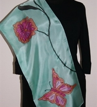 Turquoise Silk Scarf with a Butterfly and Flowers