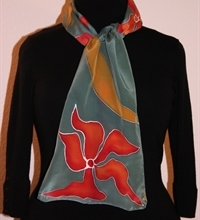 Dark Olive Silk Scarf with Flowers and Leaves