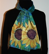 Blue-and-Green Silk Scarf with Two Sunflowers