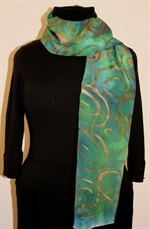 Green & Blue Colorsplash Silk Scarf with Bronze Spirals