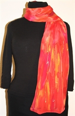 Red and Orange Silk Scarf with Golden and Bronze Accents